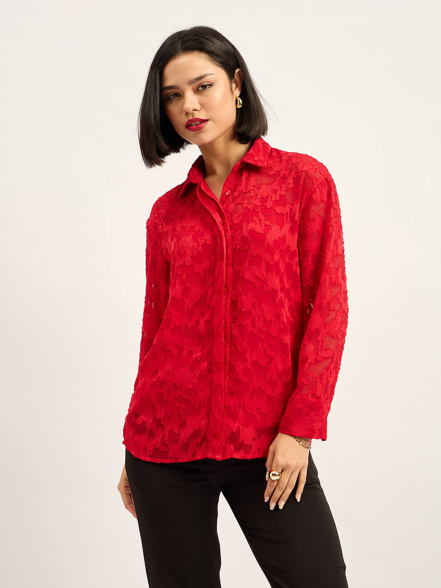 Charmed Drop Shoulder Button Down Shirt - Red