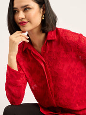 Charmed Drop Shoulder Button Down Shirt - Red