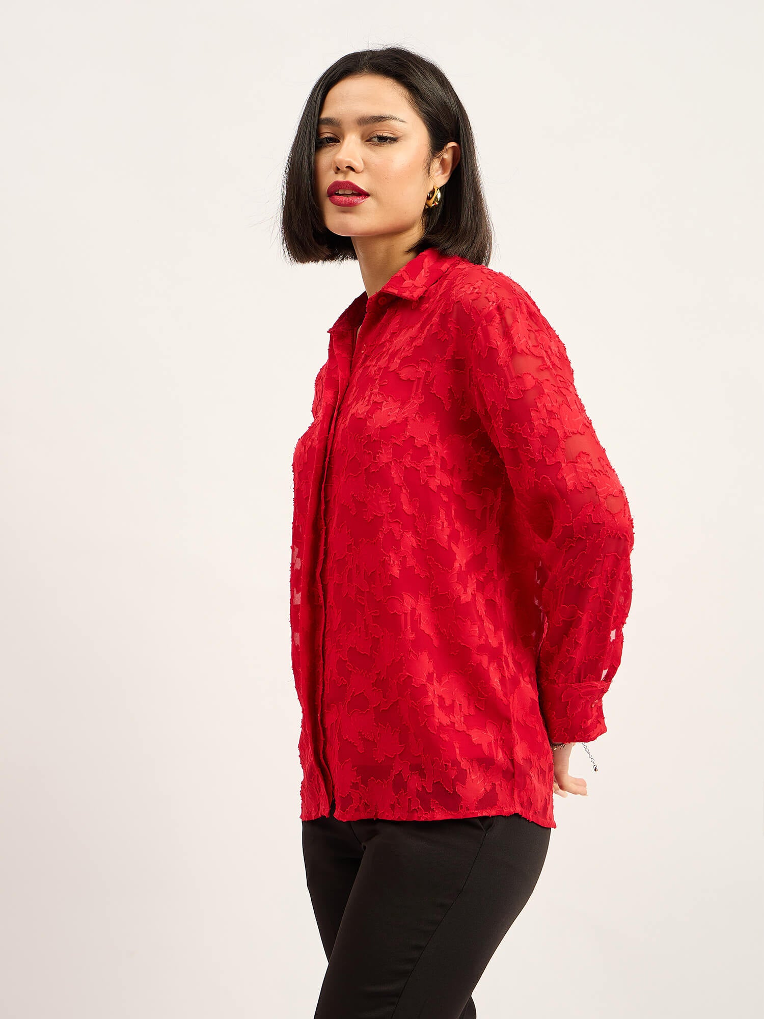 Charmed Drop Shoulder Button Down Shirt - Red