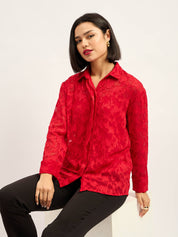 Charmed Drop Shoulder Button Down Shirt - Red