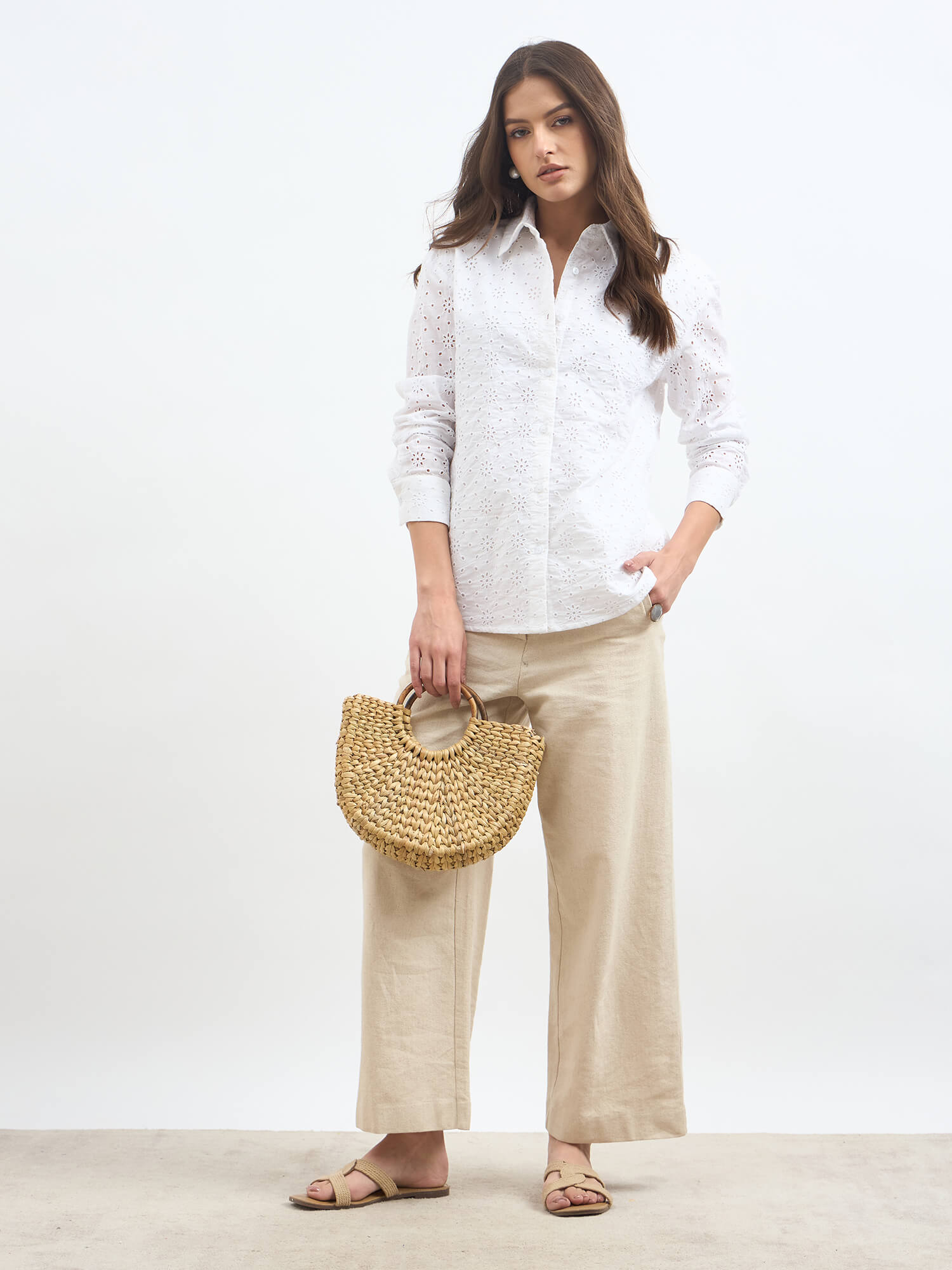 Edlyn-white Collared Schiffli Shirt-White