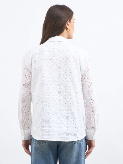 Edlyn-white Collared Schiffli Shirt-White