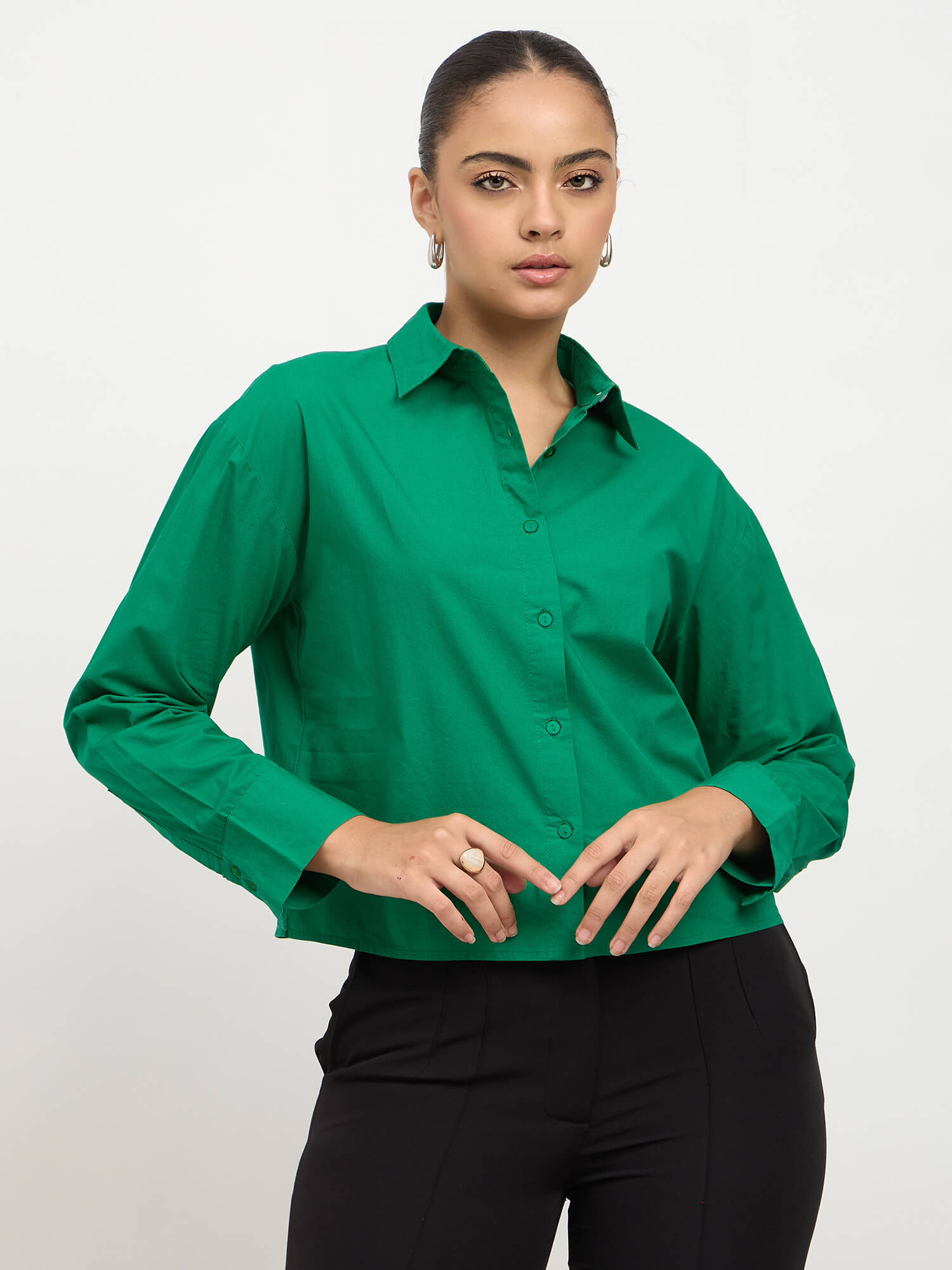 Solith Collared Cropped Shirt-Green - SALT Attire