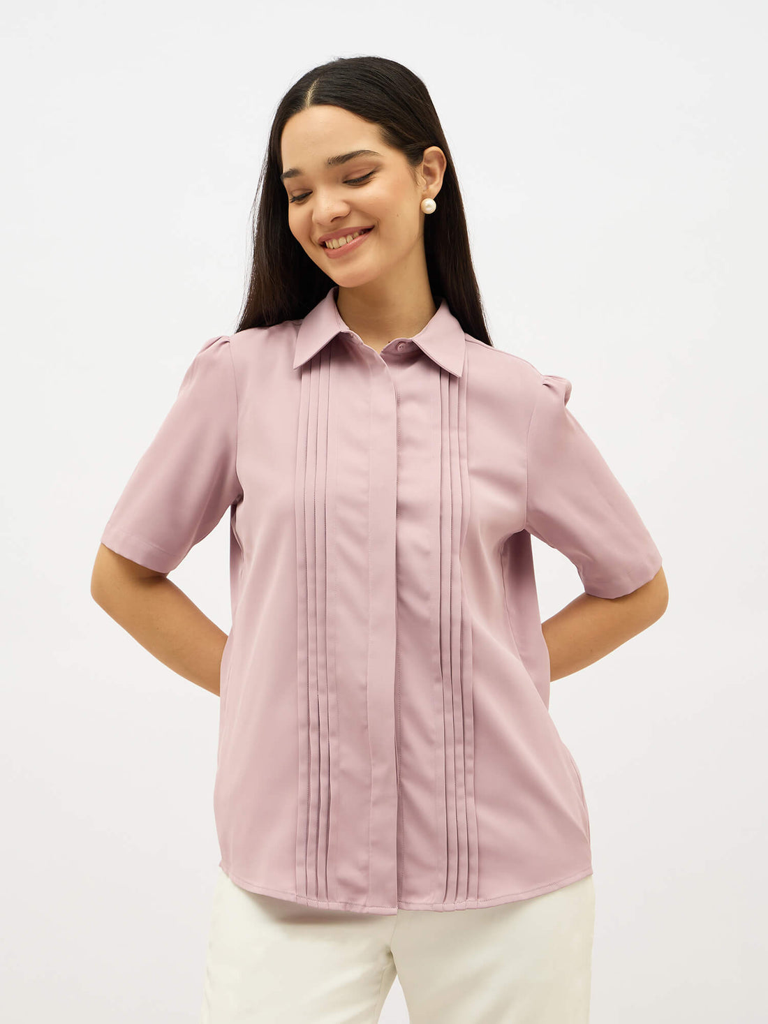 Becca Front Pleat Button Down Top-Dusty Mauve