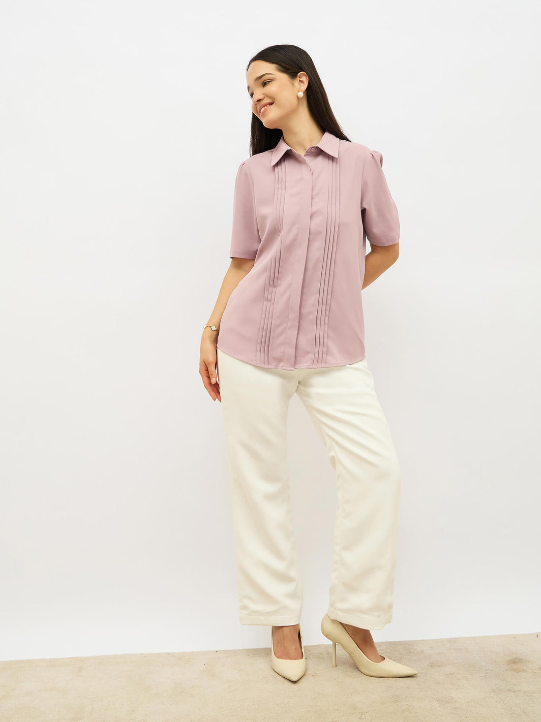 Becca Front Pleat Button Down Top-Dusty Mauve