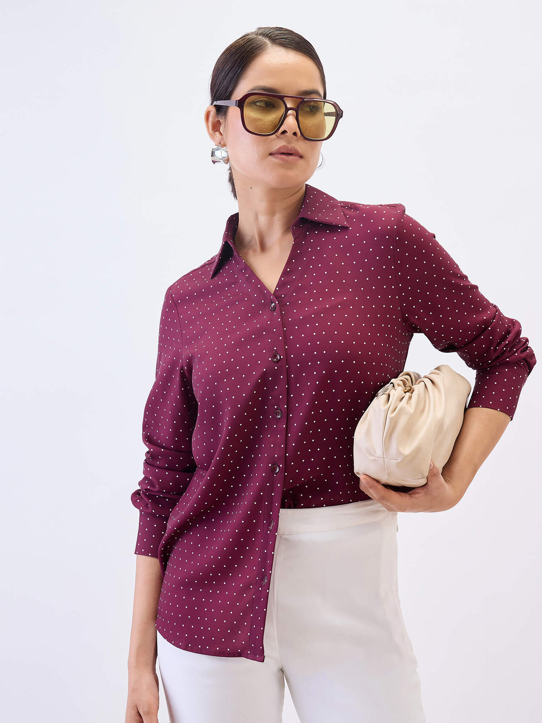 Cheryl Collared V-neck Shirt-Wine