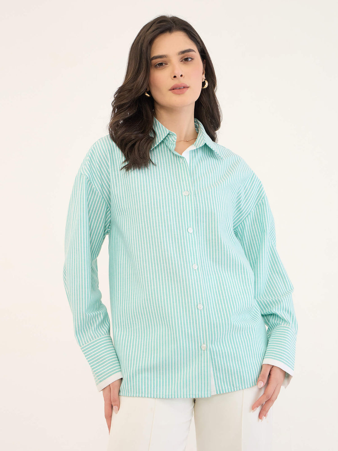 Mavira Oversize Drop Shoulder Shirt-Green &amp; White