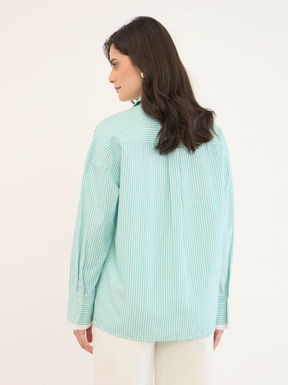 Mavira Oversize Drop Shoulder Shirt-Green &amp; White