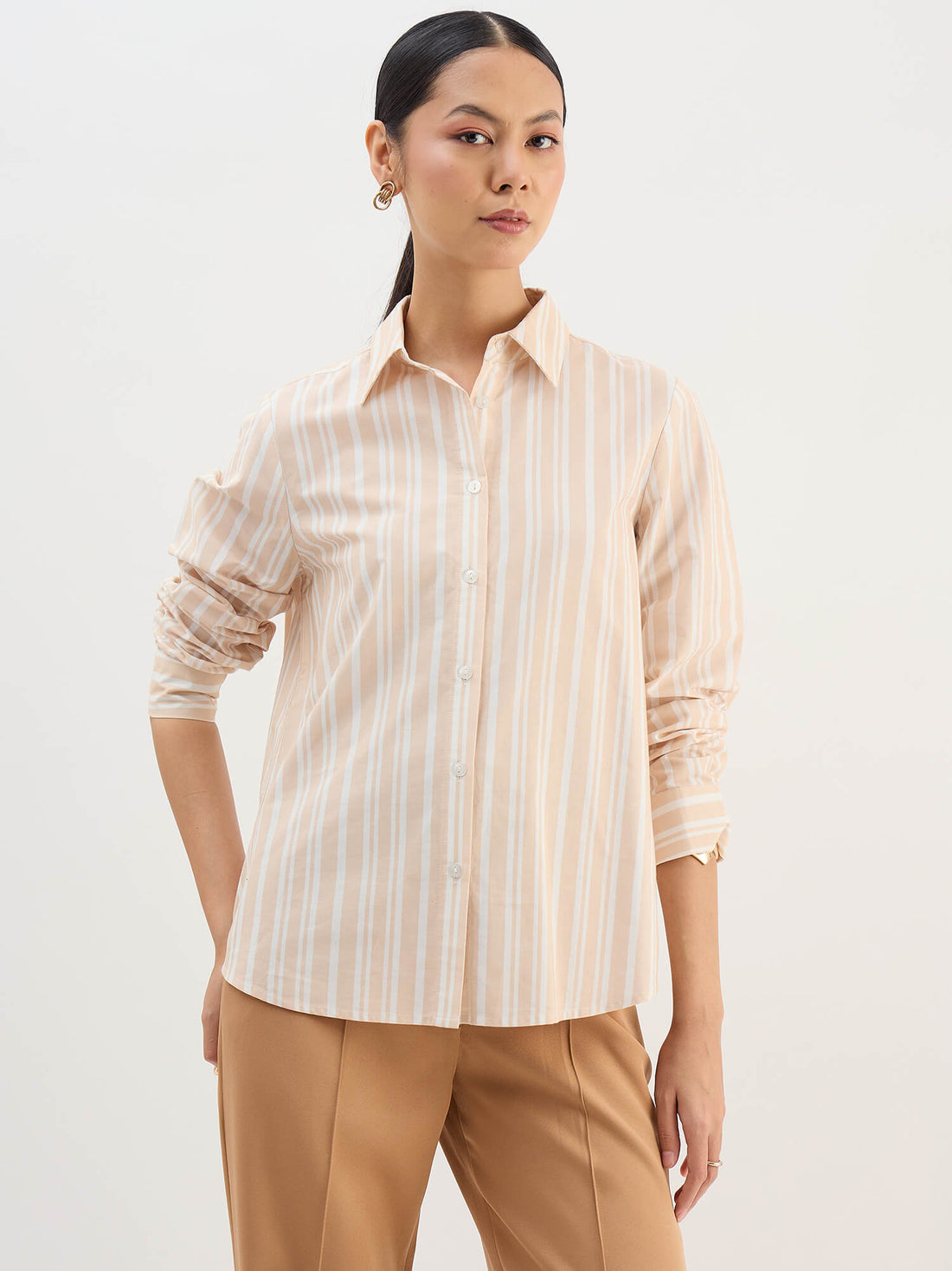 Azella-Beige Stripes Relax Fit Shirt-Beige