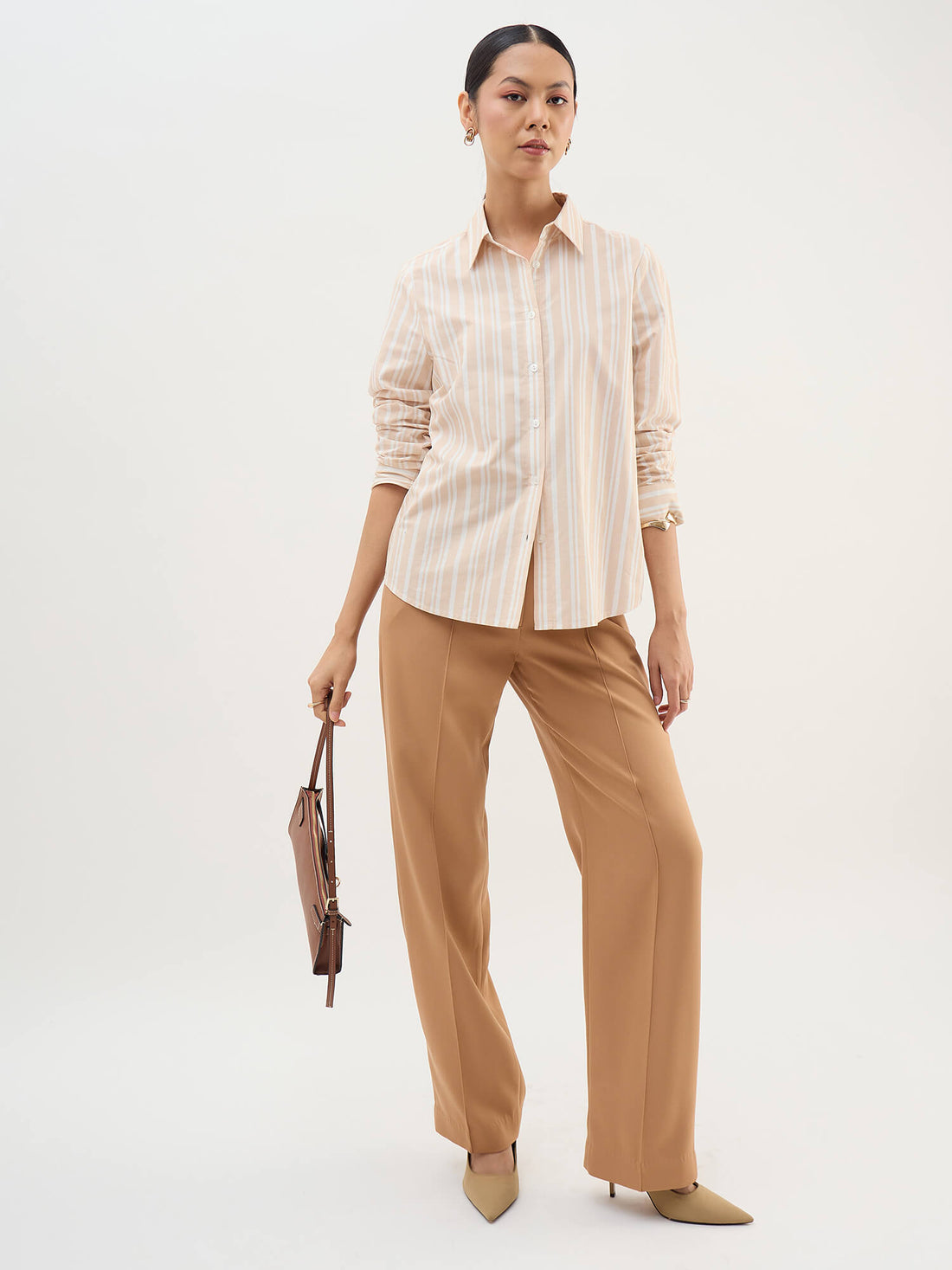 Azella-Beige Stripes Relax Fit Shirt-Beige