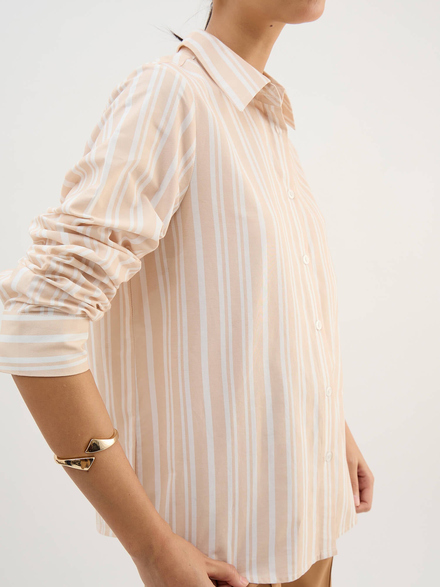Azella-Beige Stripes Relax Fit Shirt-Beige