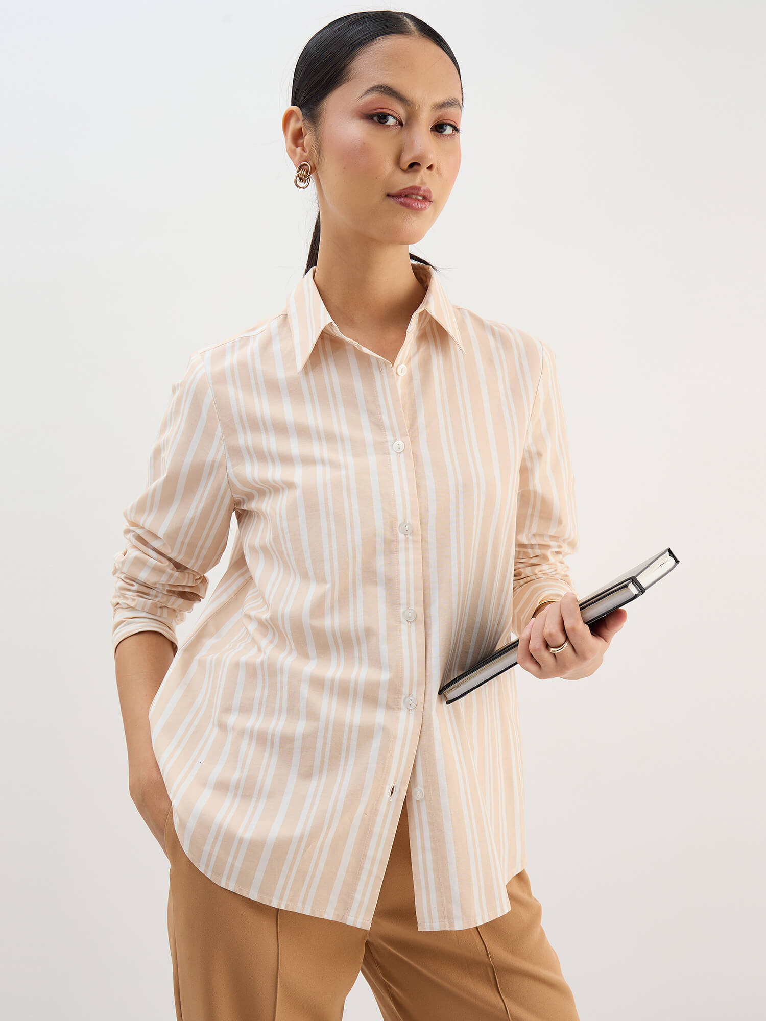 Azella-Beige Stripes Relax Fit Shirt-Beige