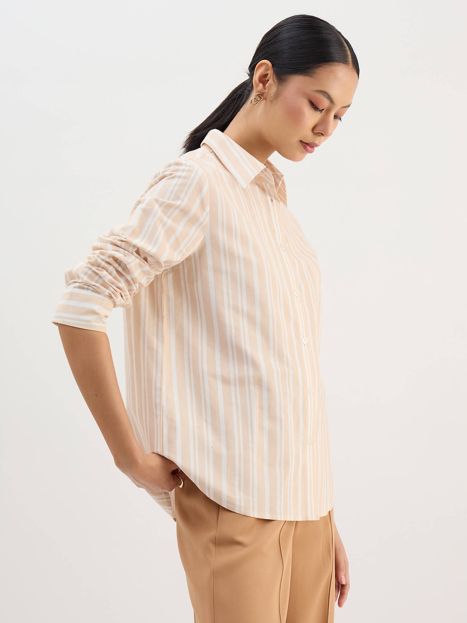Azella-Beige Stripes Relax Fit Shirt-Beige