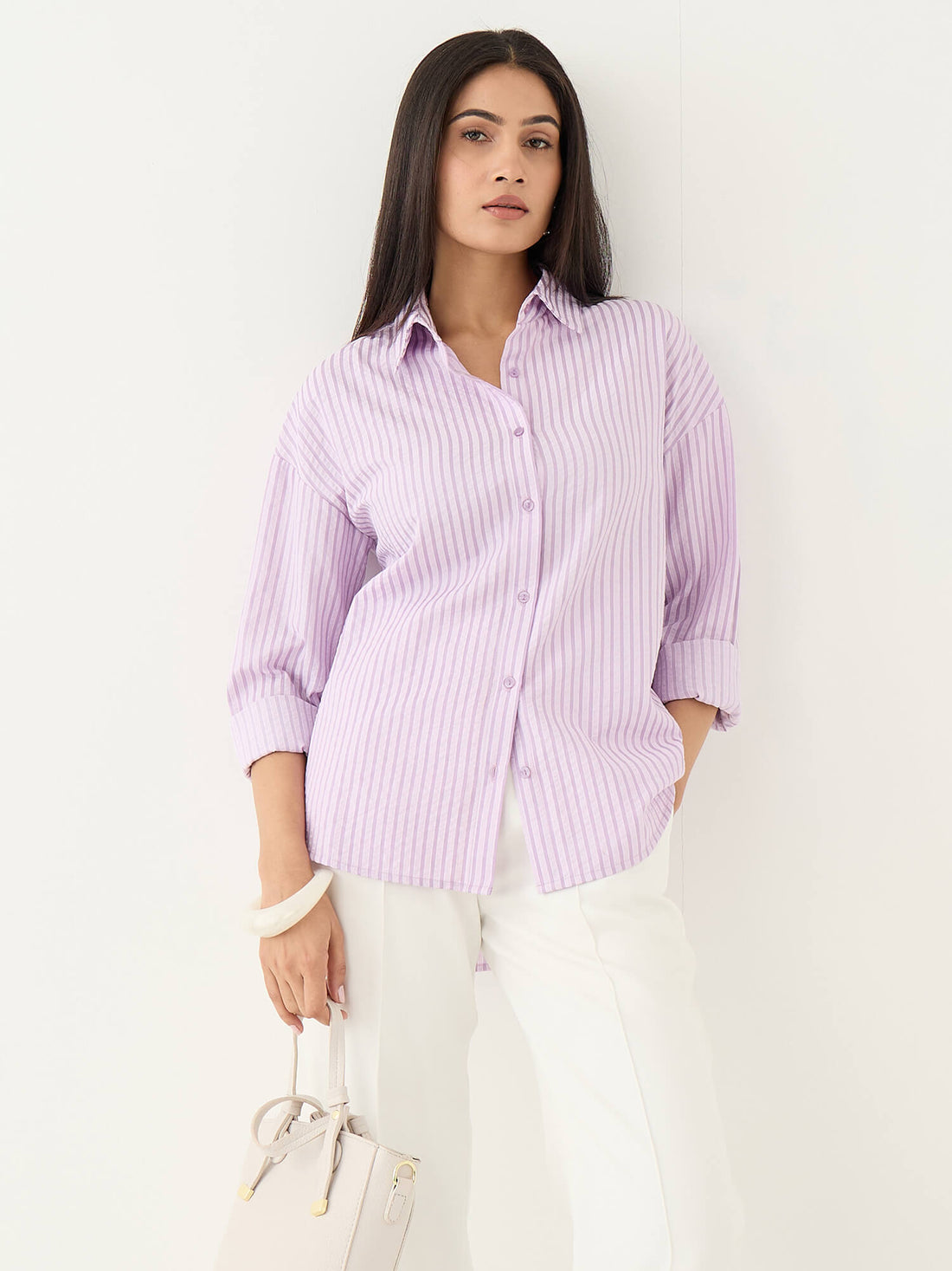 Airel Lace Detail Striped Shirt-Lilac