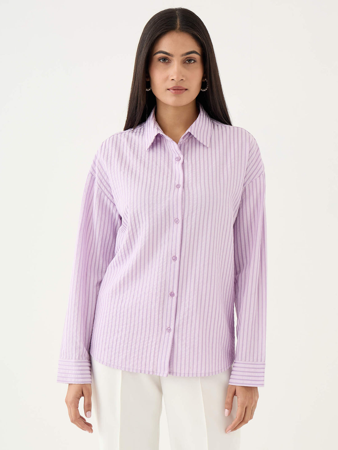 Airel Lace Detail Striped Shirt-Lilac