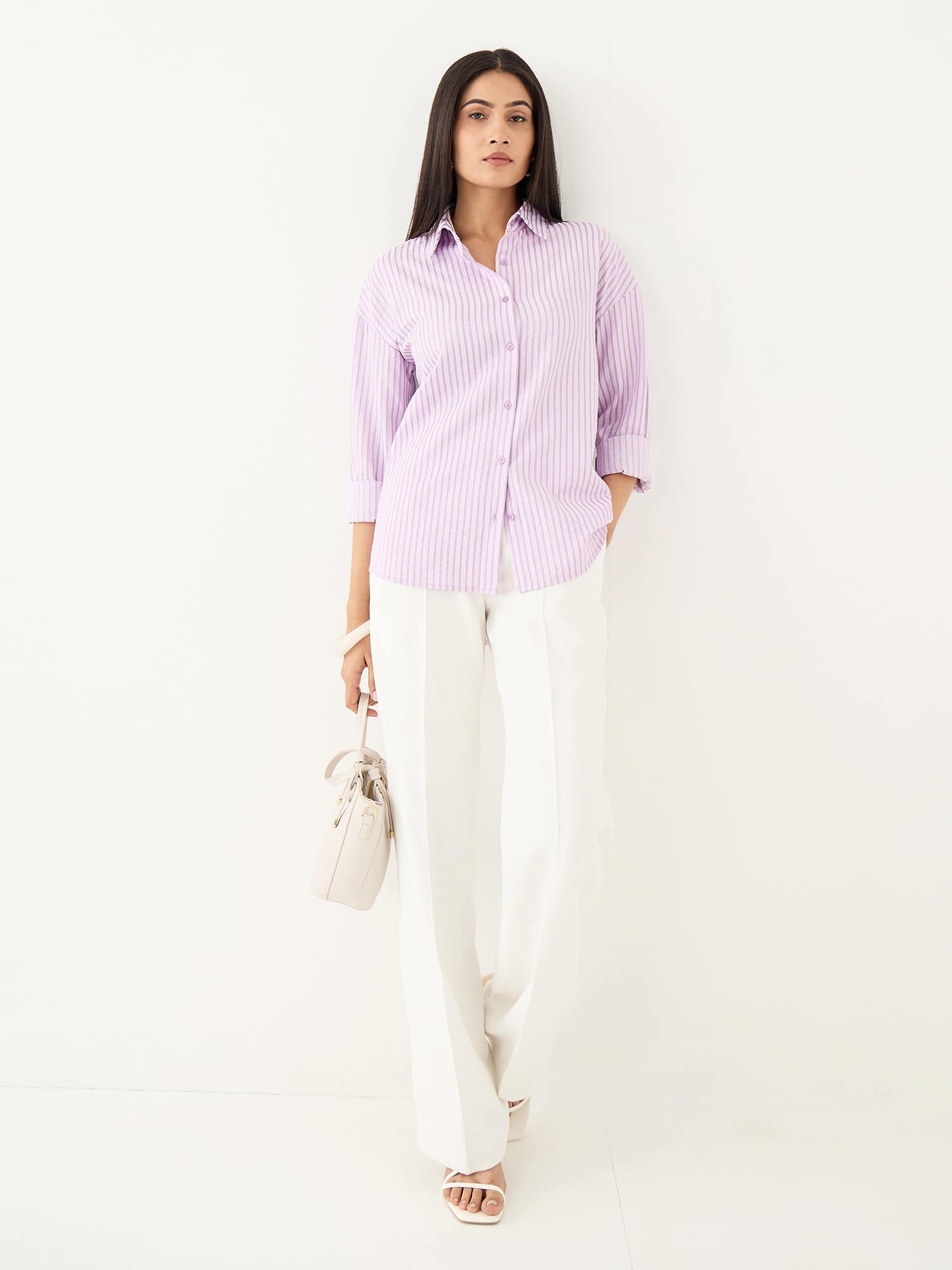Airel Lace Detail Striped Shirt-Lilac