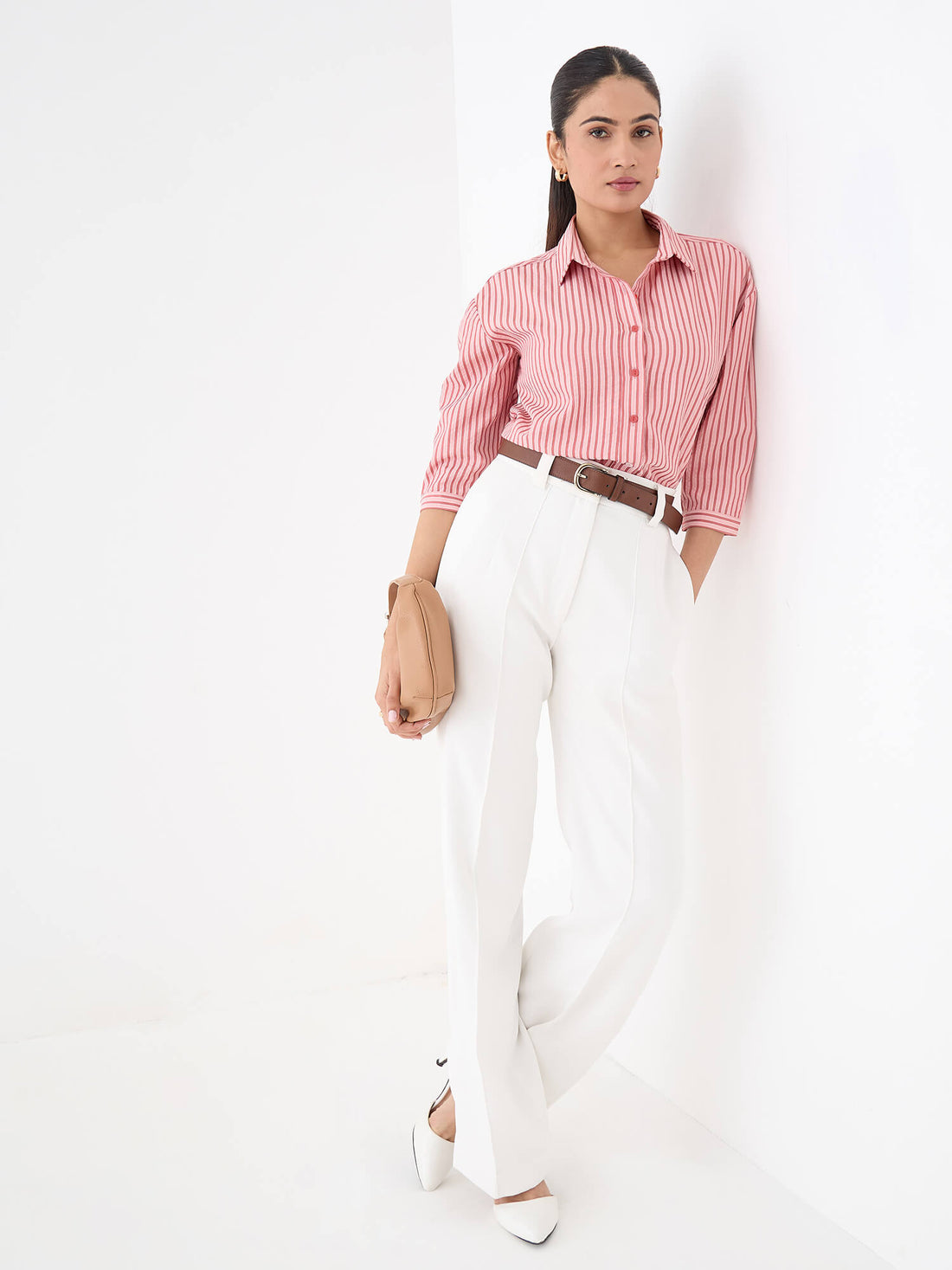 Evora Relaxed Shirt With Elbow Length Sleeves-Coral Pink
