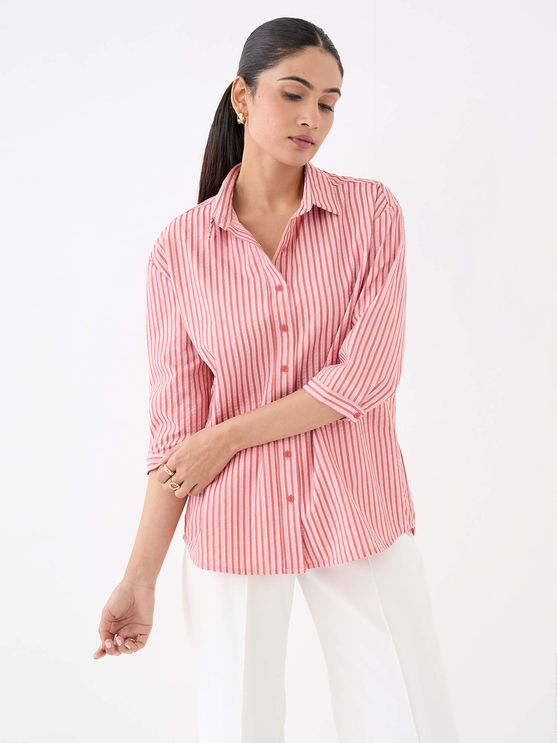 Evora Relaxed Shirt With Elbow Length Sleeves-Coral Pink