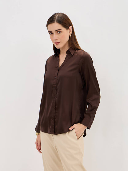 Renee Satin V Neck Shirt-Brown