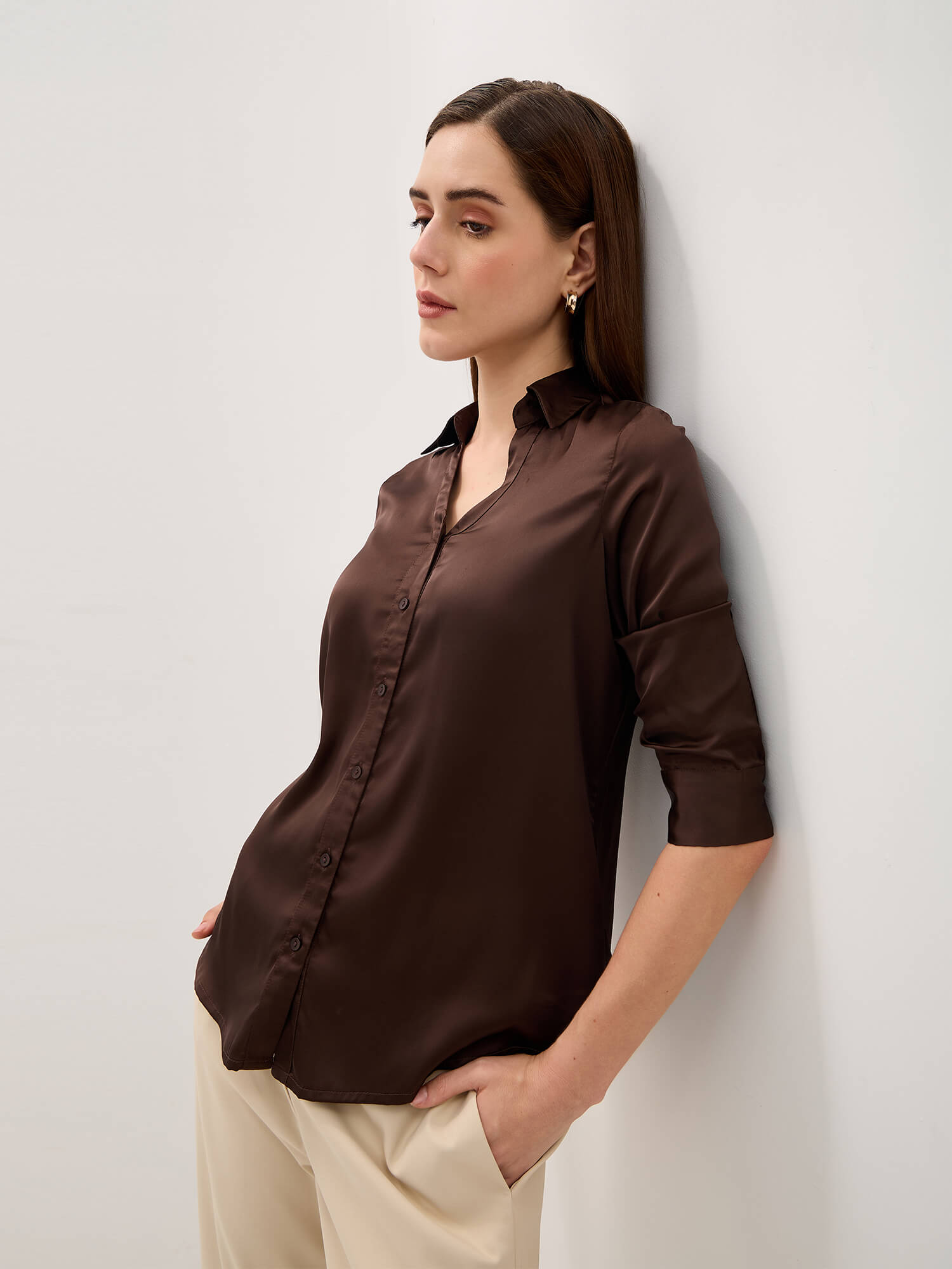 Renee Satin V Neck Shirt-Brown