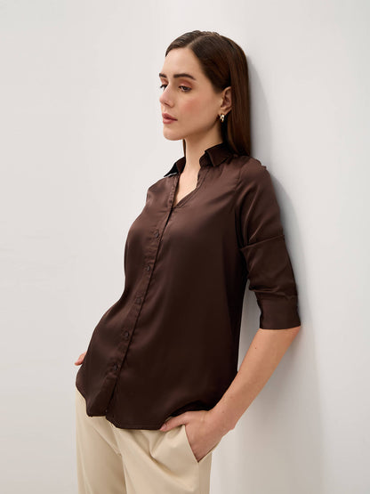 Renee Satin V Neck Shirt-Brown