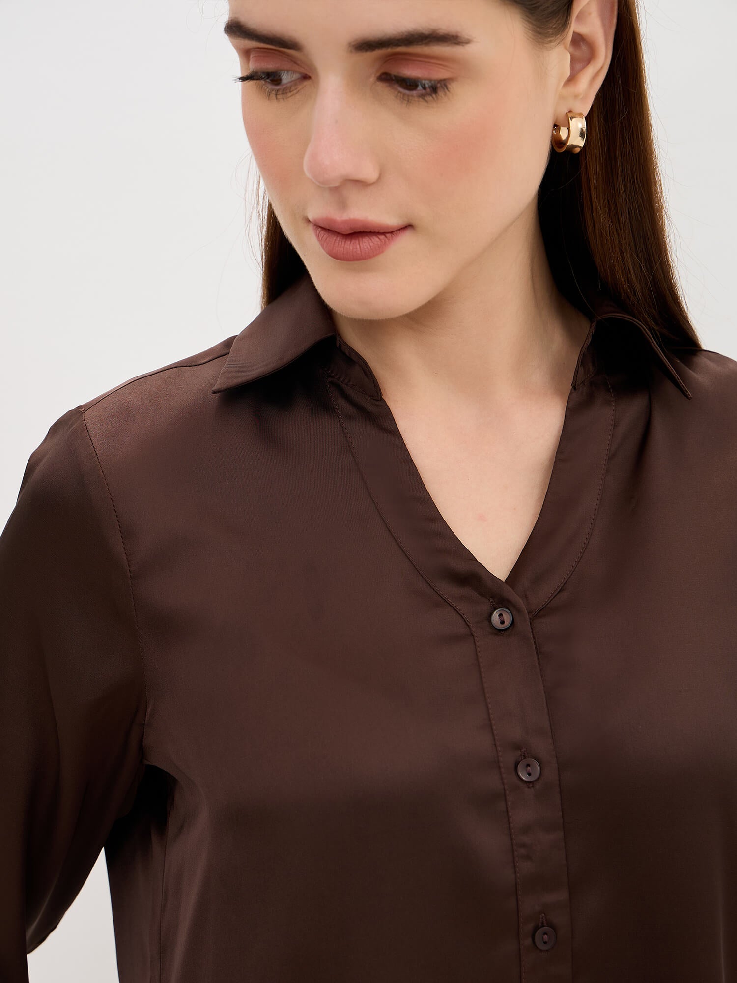 Renee Satin V Neck Shirt-Brown
