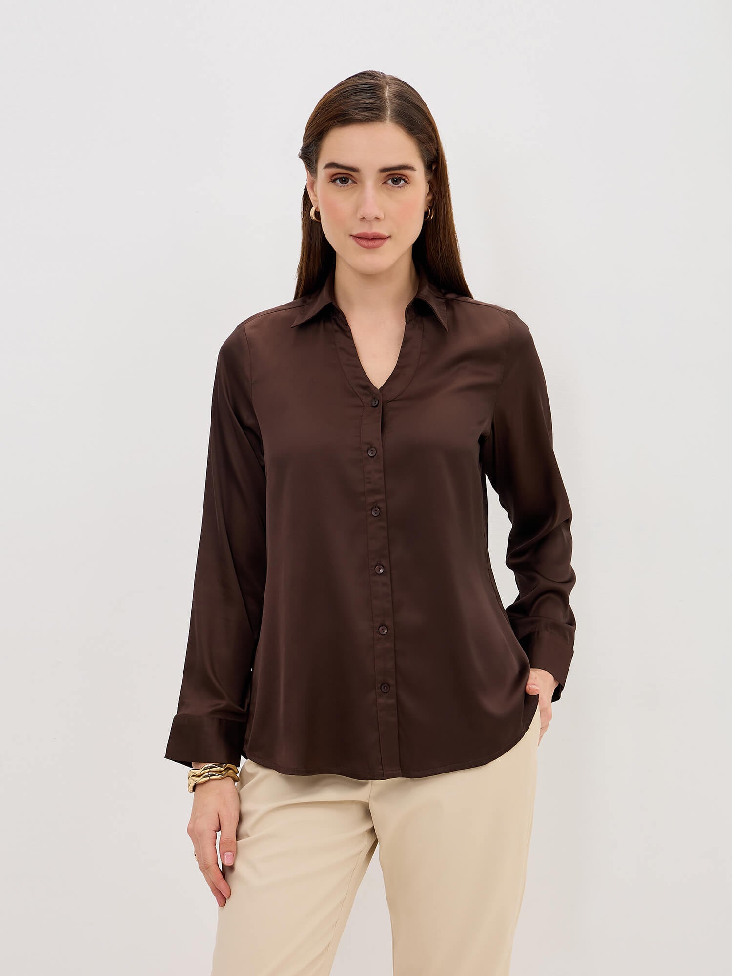 Renee Satin V Neck Shirt-Brown