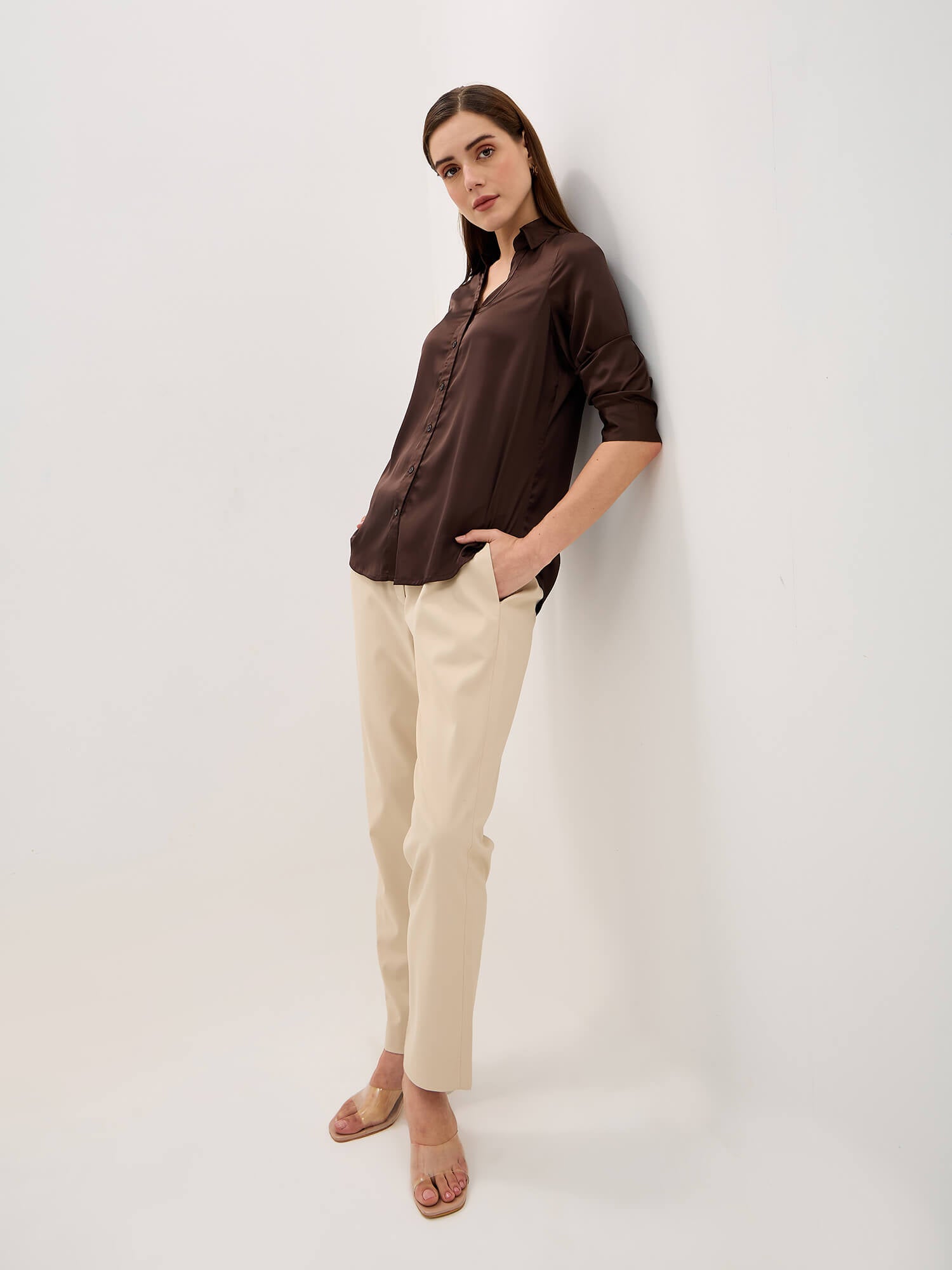 Renee Satin V Neck Shirt-Brown