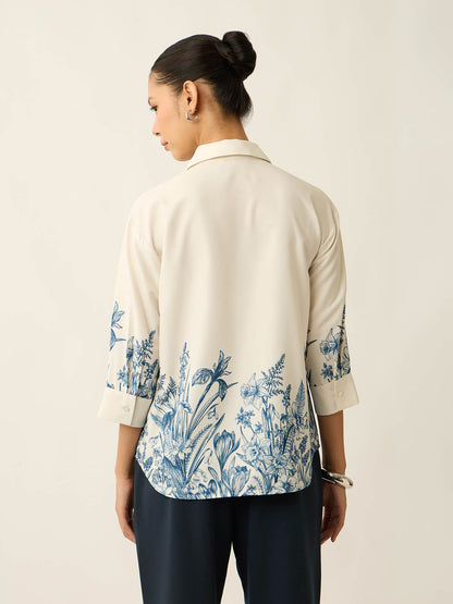 Meadow Printed Relaxed Shirt- White&amp;Blue