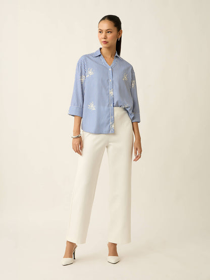 Meadow-Floral Stripe Printed Relaxed Shirt-Blue