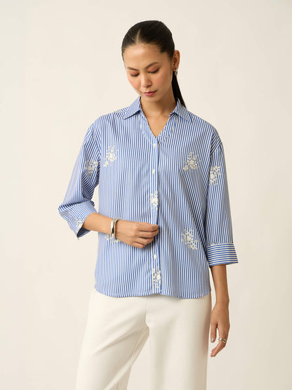 Meadow-Floral Stripe Printed Relaxed Shirt-Blue