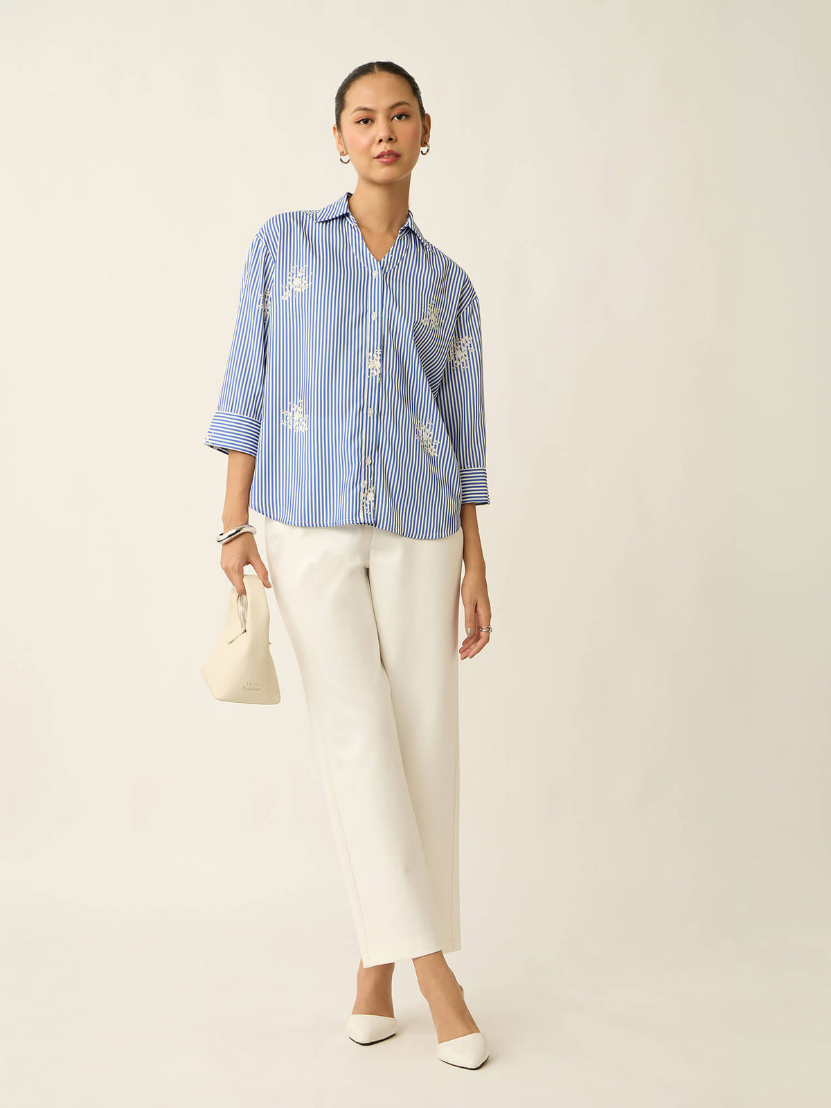 Meadow-Floral Stripe Printed Relaxed Shirt-Blue