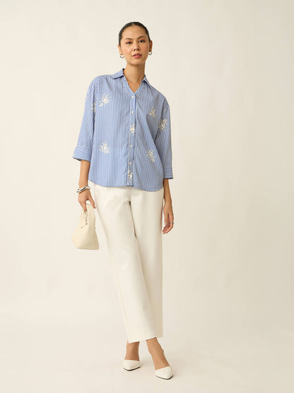 Meadow-Floral Stripe Printed Relaxed Shirt-Blue