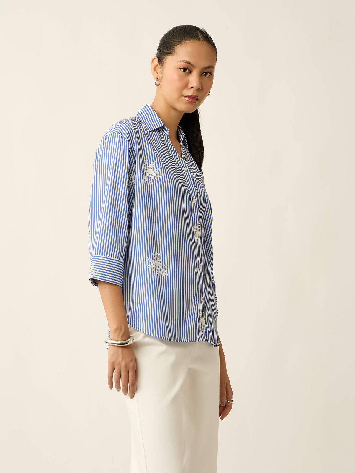 Meadow-Floral Stripe Printed Relaxed Shirt-Blue