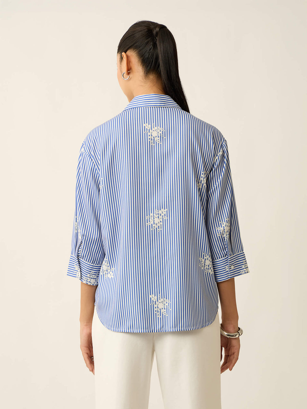 Meadow-Floral Stripe Printed Relaxed Shirt-Blue
