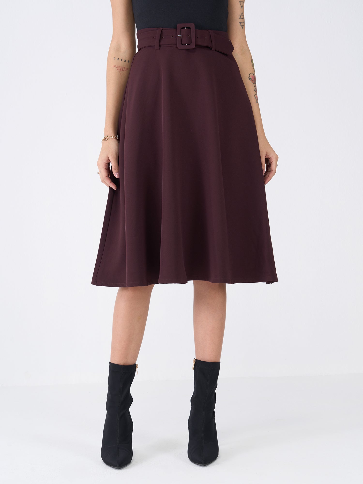 Ritzy Flared Midi Skirt-Dark Brown