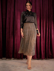 Ciara Plisse Flared Skirt-Black/Bronze