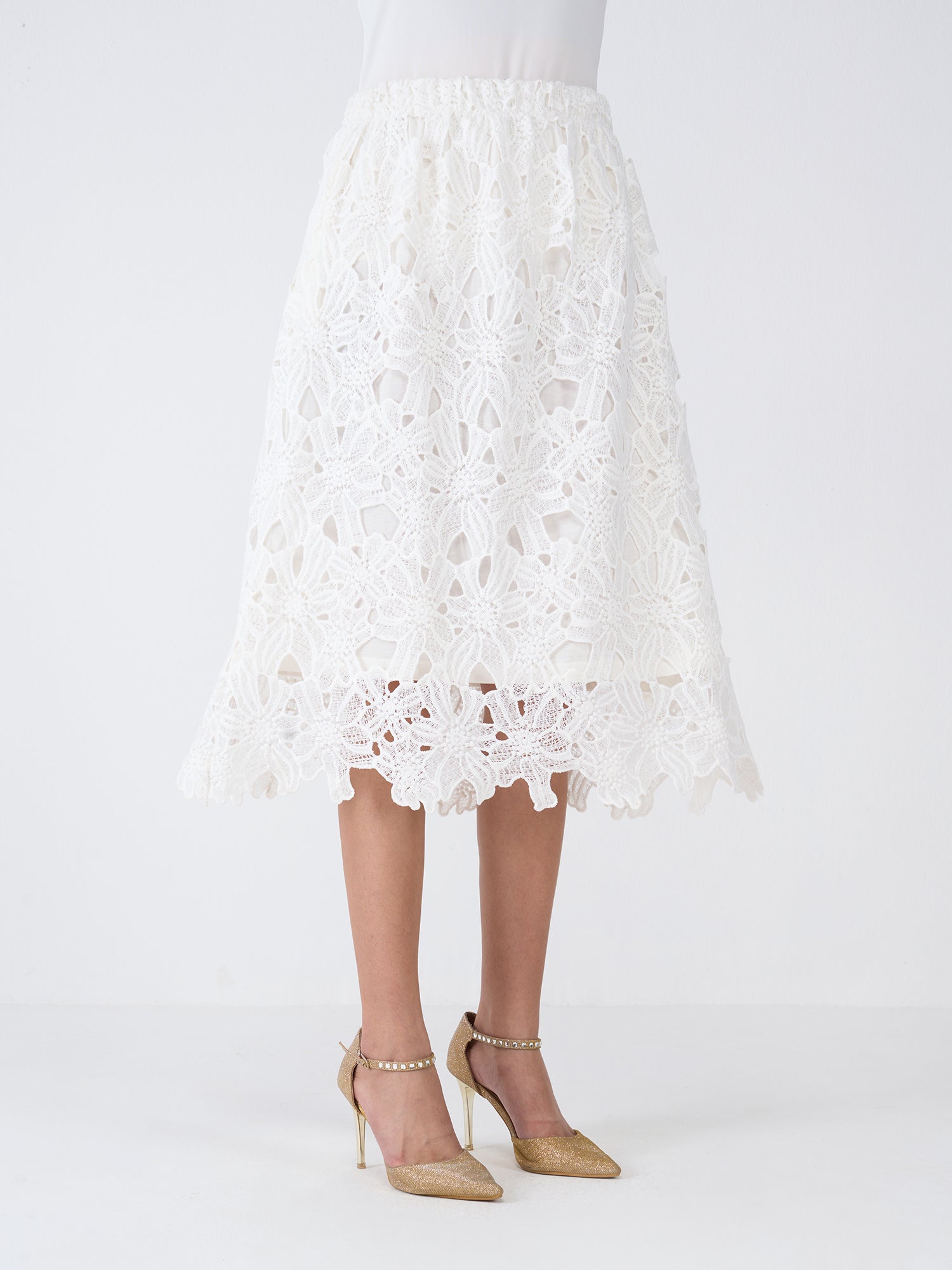 Snow Lily A-Line Lace Skirt-Ivory