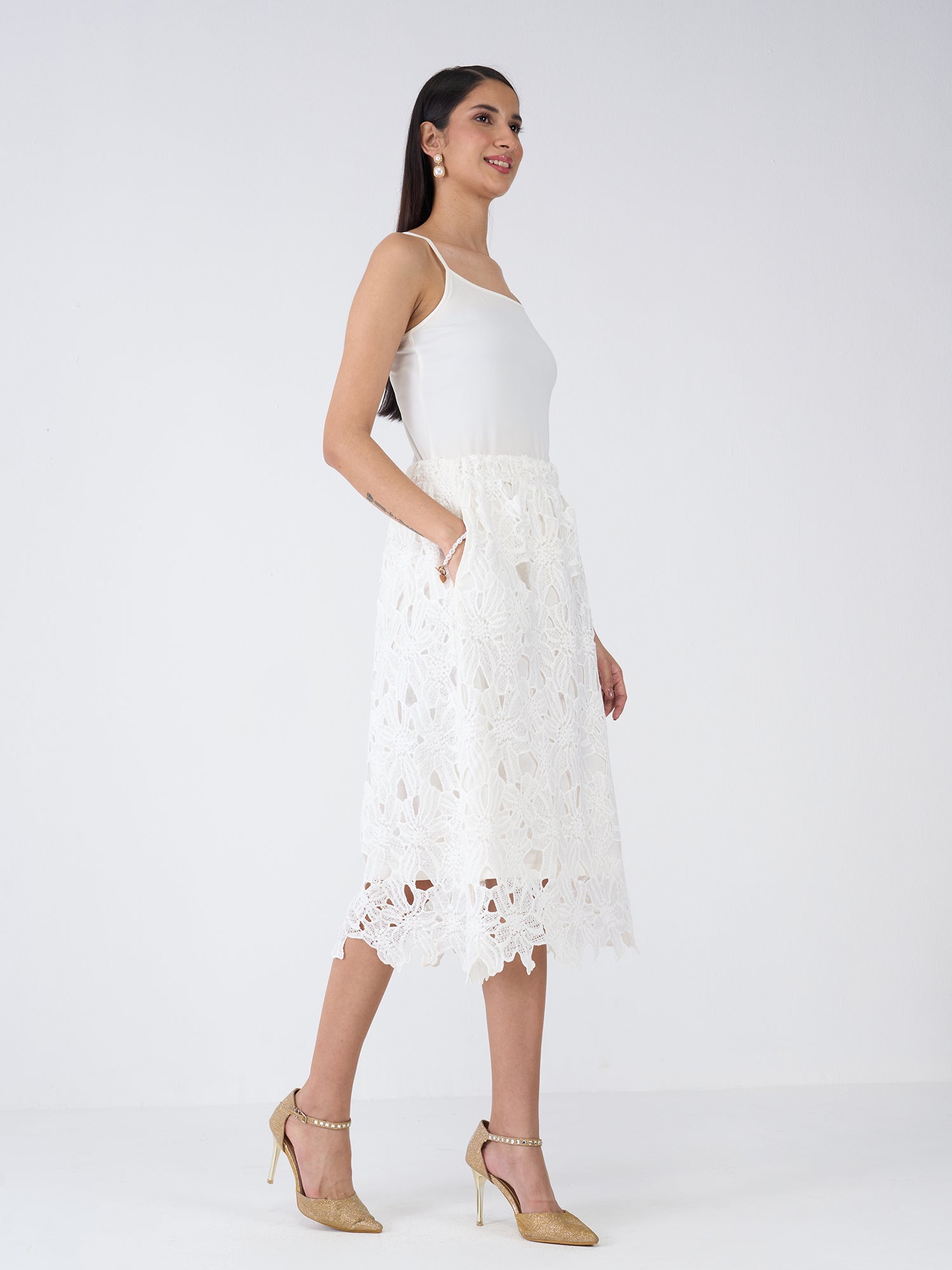 Snow Lily A-Line Lace Skirt-Ivory