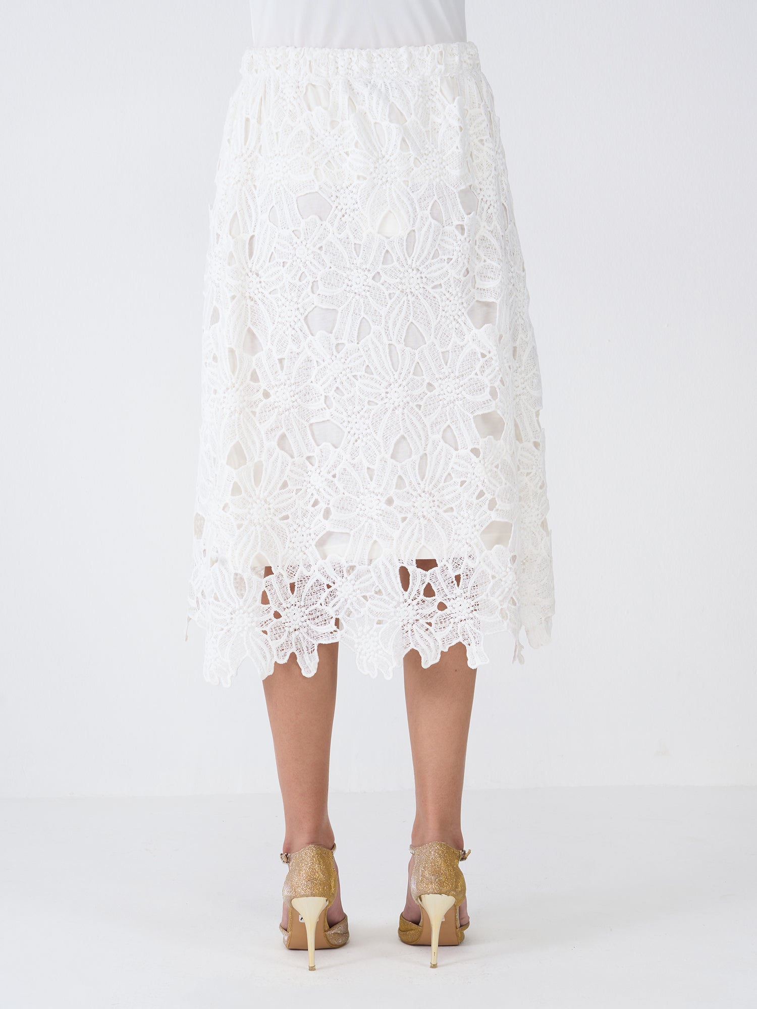 Snow Lily A-Line Lace Skirt-Ivory