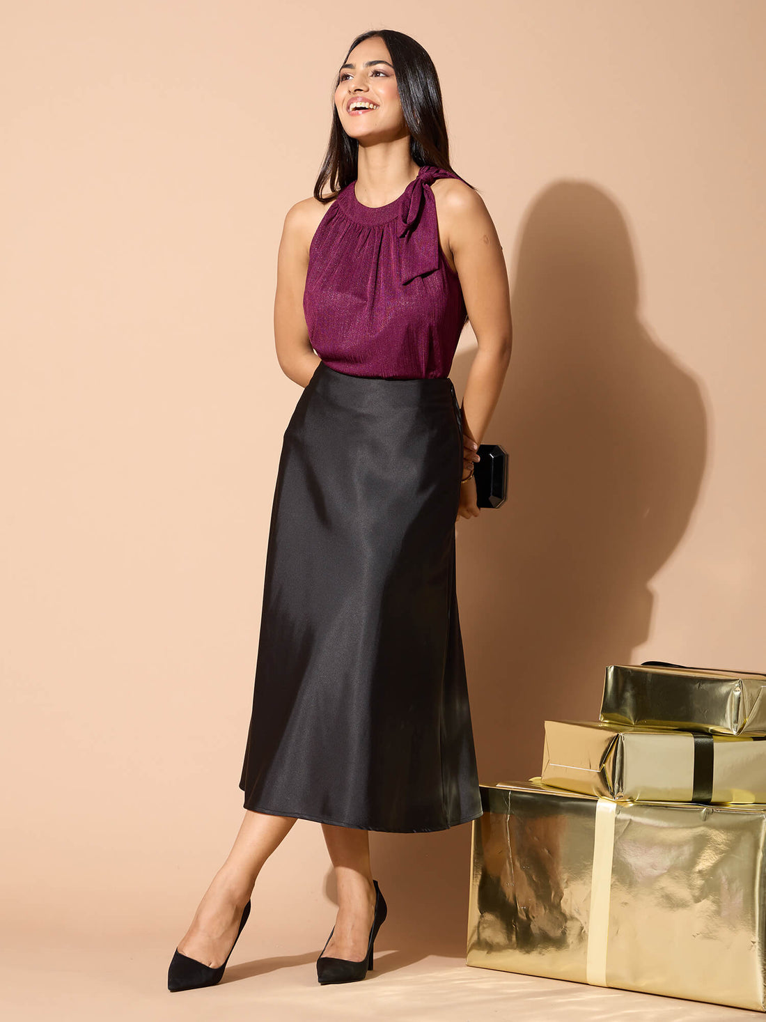 Raya Satin Slip Skirt-Black