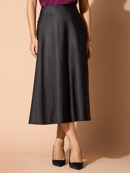 Raya Satin Slip Skirt-Black