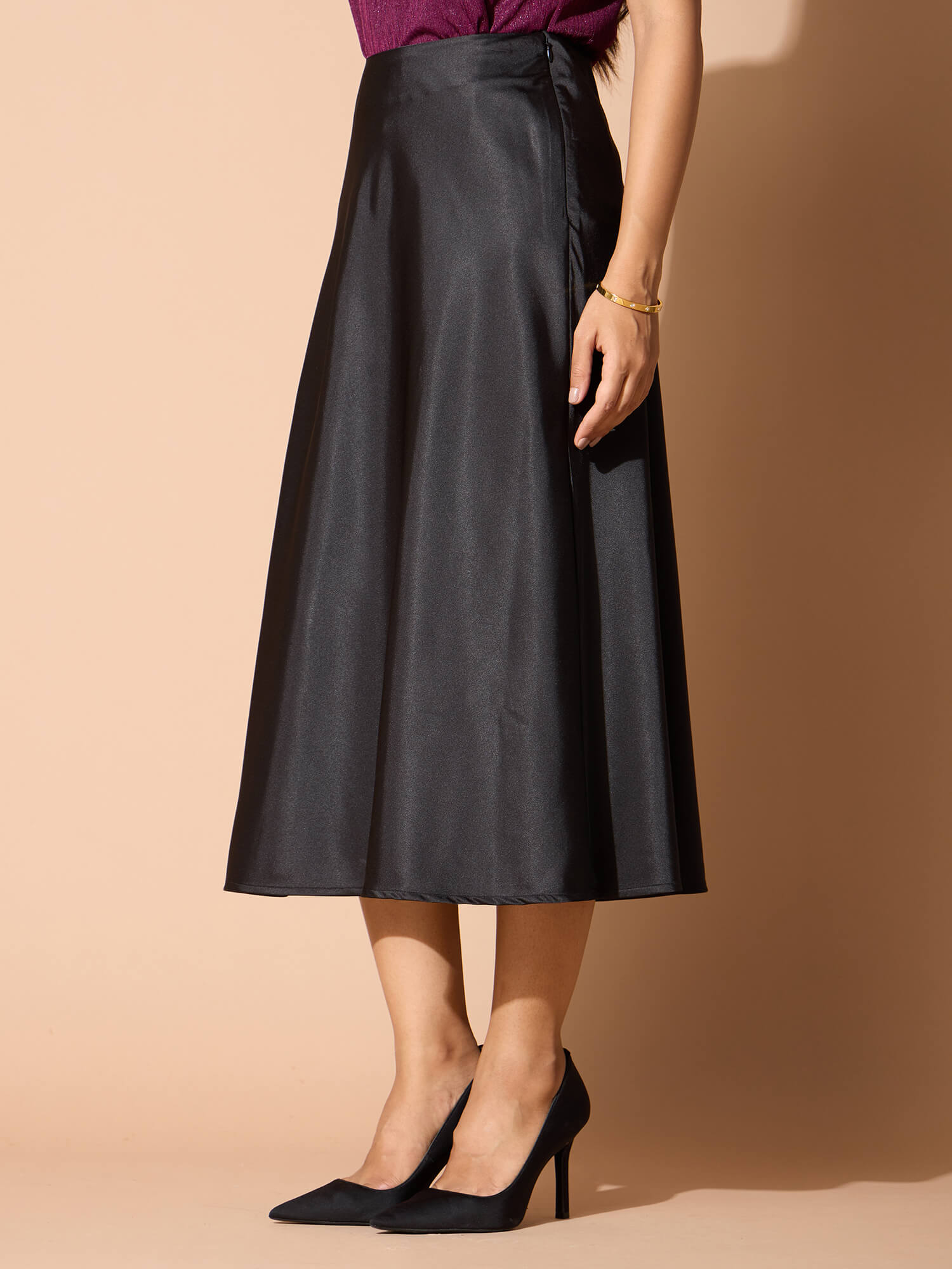 Raya Satin Slip Skirt-Black