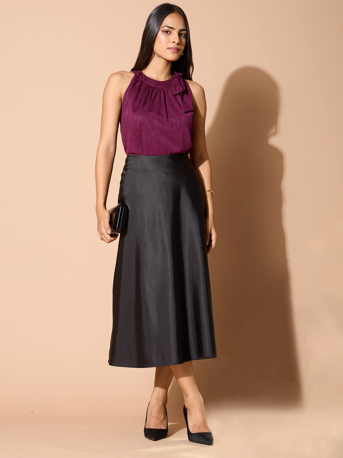 Raya Satin Slip Skirt-Black