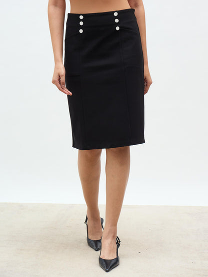 Virelly Button Detail Slim Fit Skirt-Black