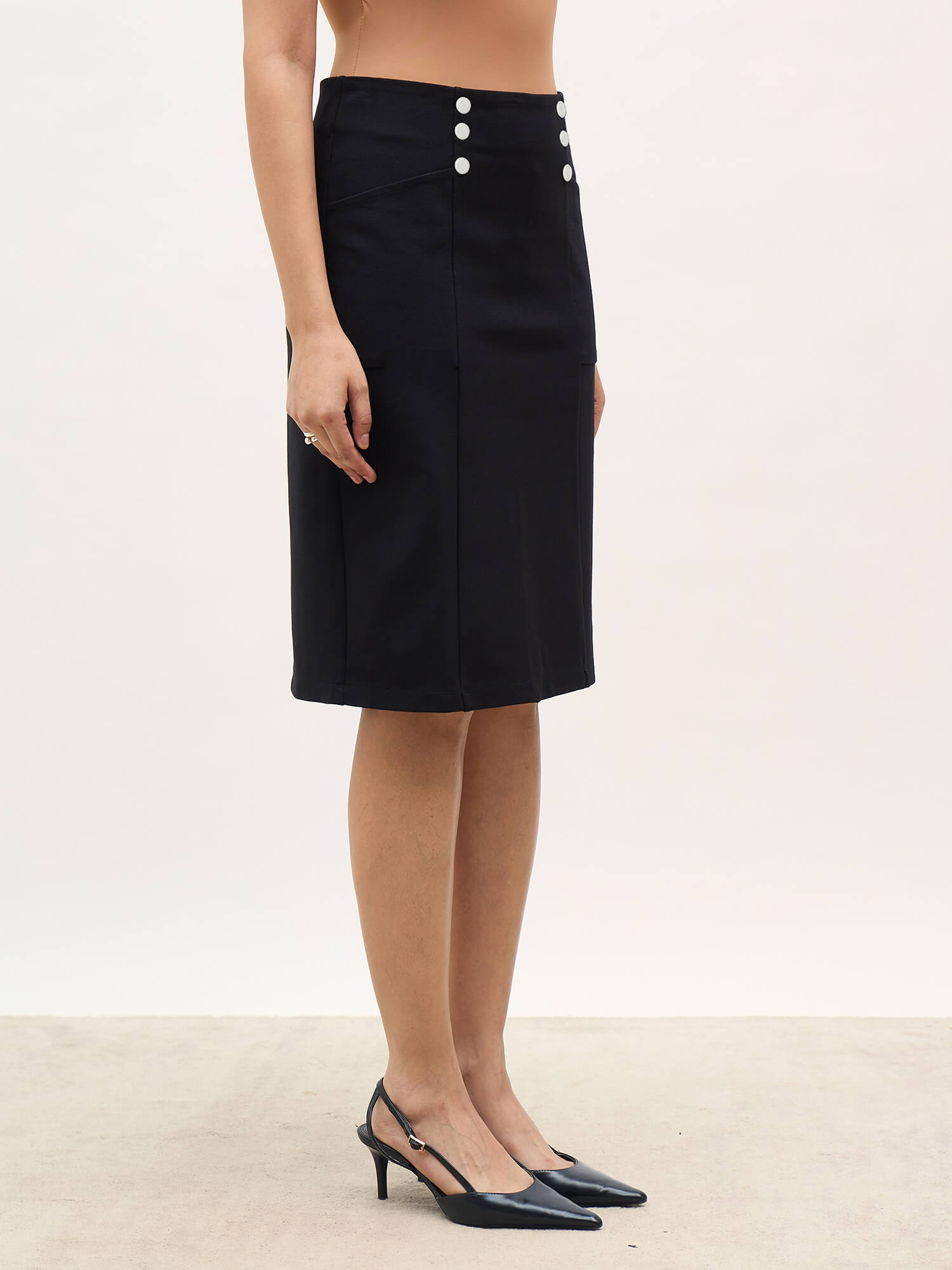 Virelly Button Detail Slim Fit Skirt-Black
