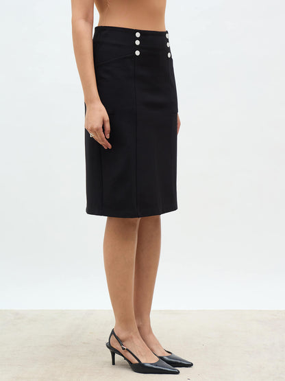 Virelly Button Detail Slim Fit Skirt-Black