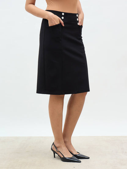 Virelly Button Detail Slim Fit Skirt-Black