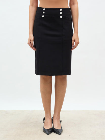 Virelly Button Detail Slim Fit Skirt-Black