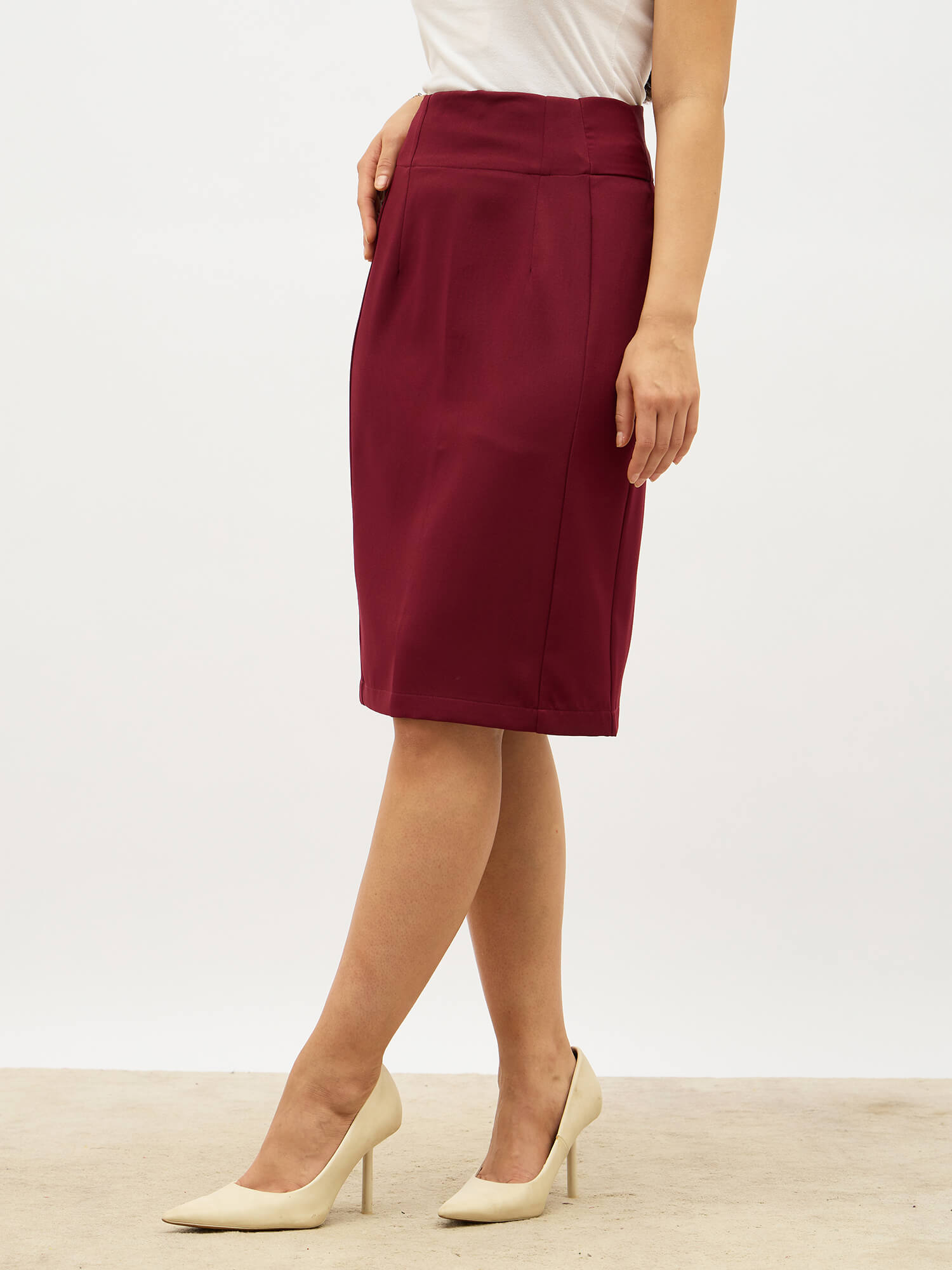 Fierce Panelled Pencil Skirt-Maroon